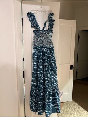 Smocked Indigo Dot Maxi Dress with Ruffle Straps